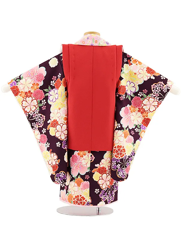 七五三レンタル(3歳女児被布)4848 赤×紫桜菊