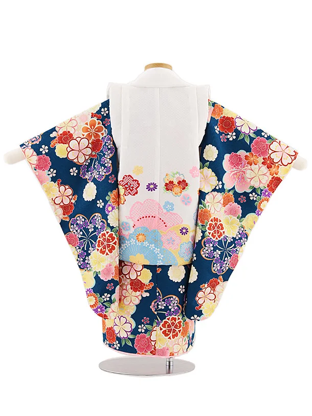 七五三レンタル(3歳女児被布)4852 白地桜×青緑桜菊