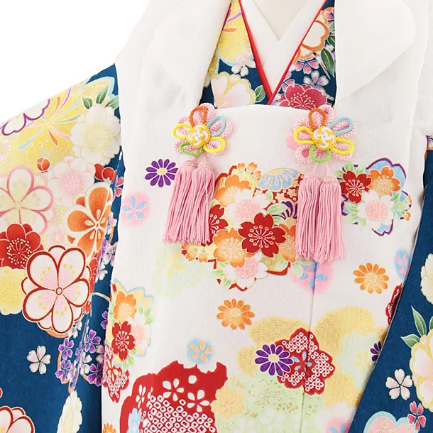 七五三レンタル(3歳女児被布)4852 白地桜×青緑桜菊