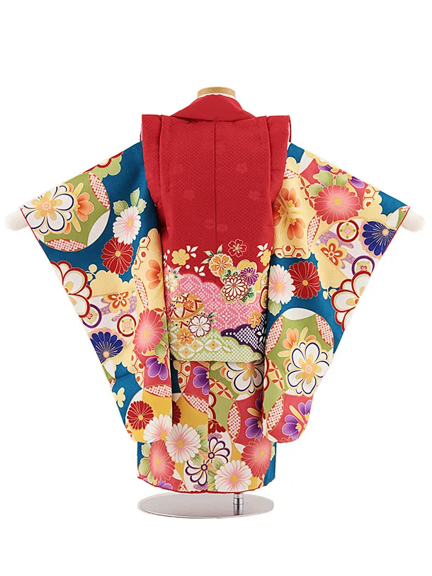 七五三レンタル(3歳女児被布)4857 赤雲取り鞠×青地梅菊