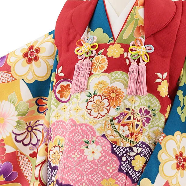 七五三レンタル(3歳女児被布)4857 赤雲取り鞠×青地梅菊