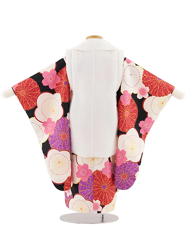 七五三レンタル(3歳女児被布)4870 白花刺繍×黒地梅菊