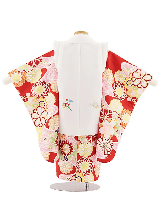 七五三レンタル(3歳女児被布)4881 白刺繍鞠×赤古典花