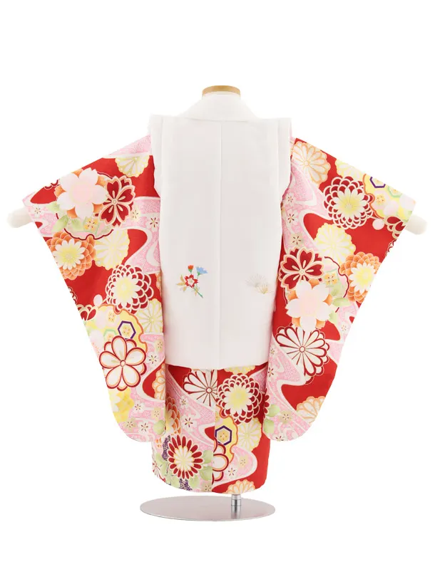 七五三レンタル(3歳女児被布)4889 白地刺繍鞠×赤古典花