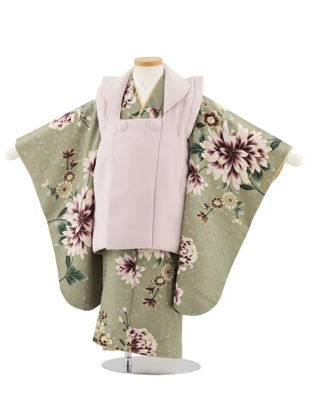 七五三レンタル(3歳女児被布)4900 ピンク×スモーキーグリーンダリア