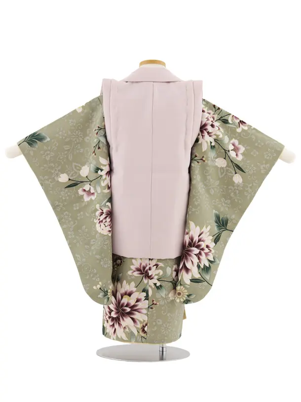 七五三レンタル(3歳女児被布)4900 ピンク×スモーキーグリーンダリア