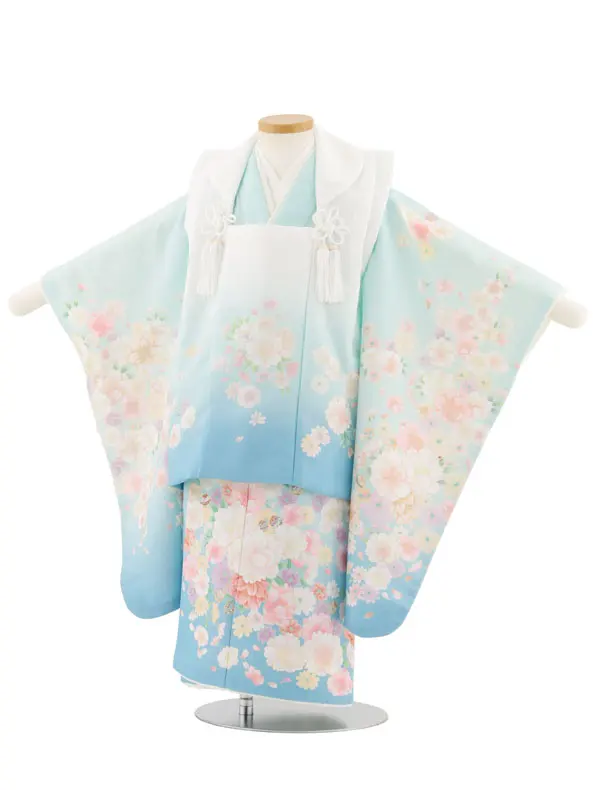 七五三レンタル(3歳女児被布)4907 ミント×ブルー八重桜