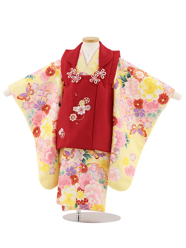 七五三レンタル(3歳女児被布)4912 赤刺繍花×黄 雪輪に花蝶