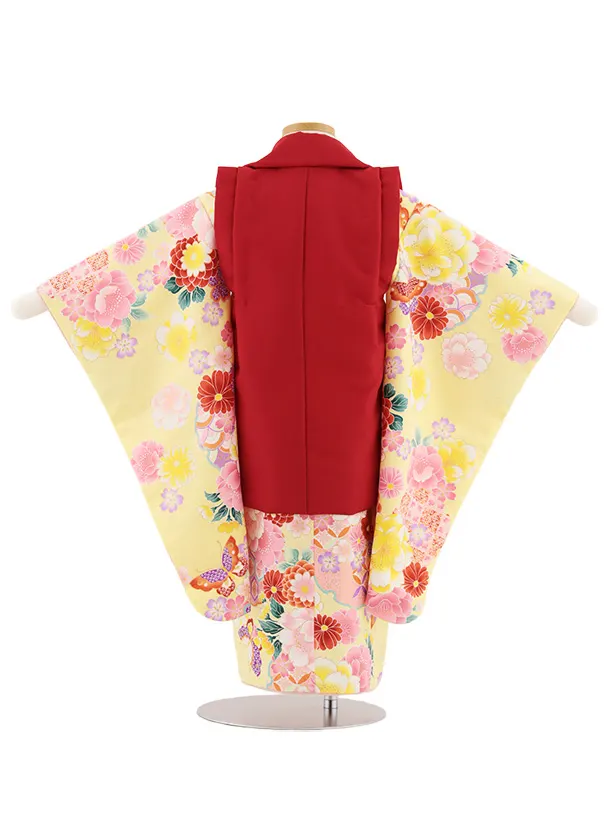 七五三レンタル(3歳女児被布)4912 赤刺繍花×黄 雪輪に花蝶