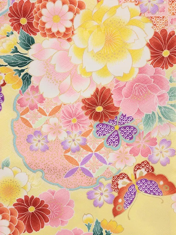 七五三レンタル(3歳女児被布)4912 赤刺繍花×黄 雪輪に花蝶