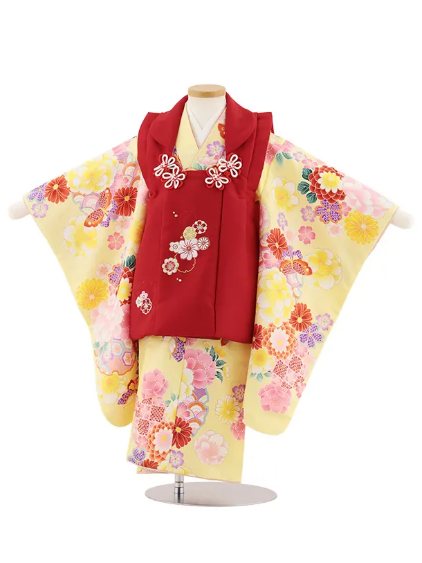 七五三レンタル(3歳女児被布)4913 赤刺繍花×黄 雪輪に花蝶