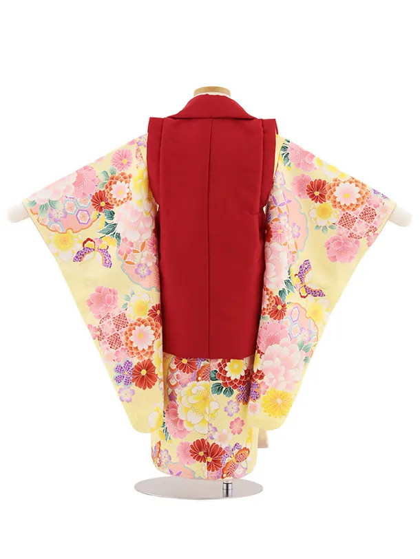七五三レンタル(3歳女児被布)4913 赤刺繍花×黄 雪輪に花蝶