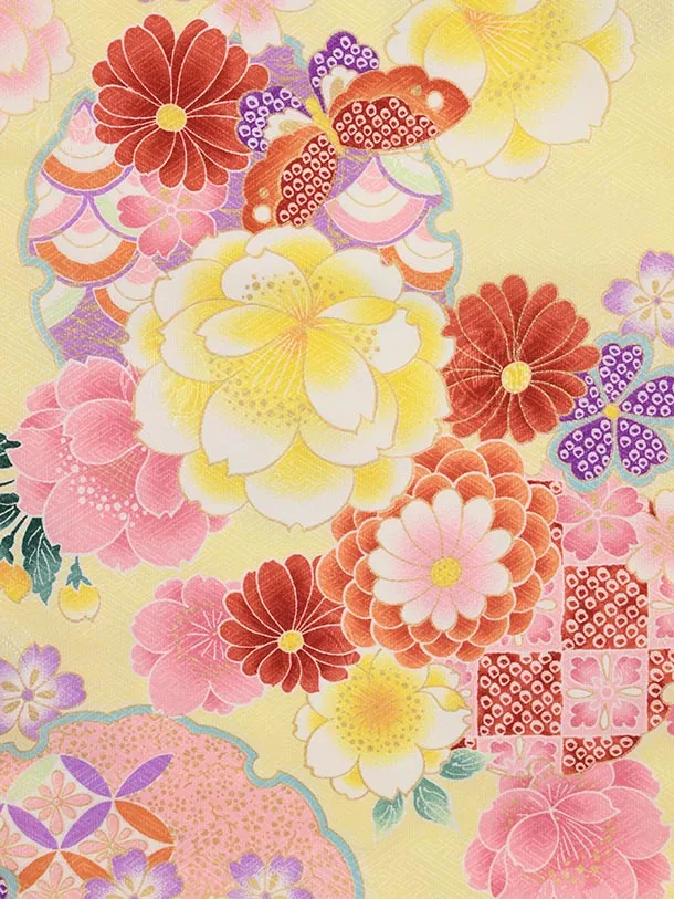七五三レンタル(3歳女児被布)4913 赤刺繍花×黄 雪輪に花蝶