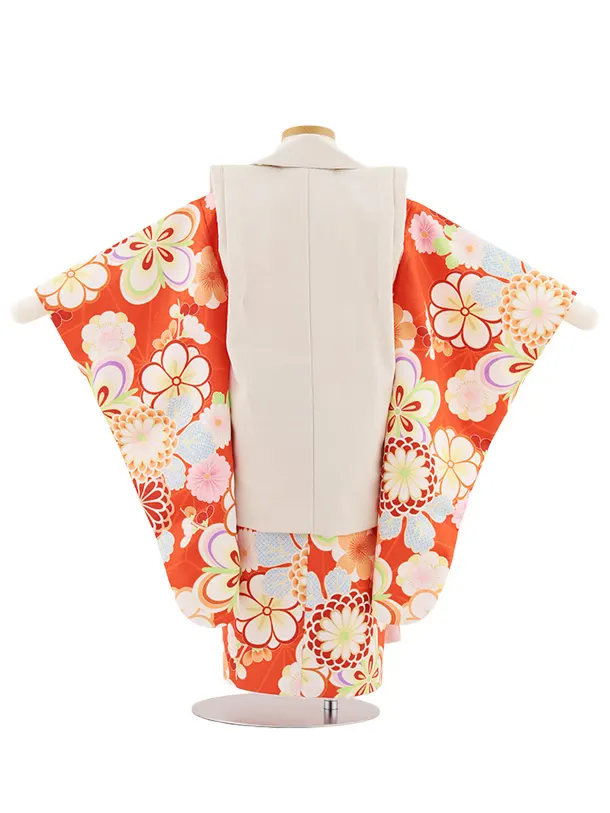 七五三レンタル(3歳女児被布)4919 ベージュ刺繍花×オレンジ梅菊