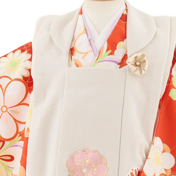 七五三レンタル(3歳女児被布)4919 ベージュ刺繍花×オレンジ梅菊