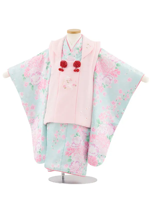 七五三レンタル(3歳女児被布)4920 ピンク刺繍うさぎ×水色 桜地模様