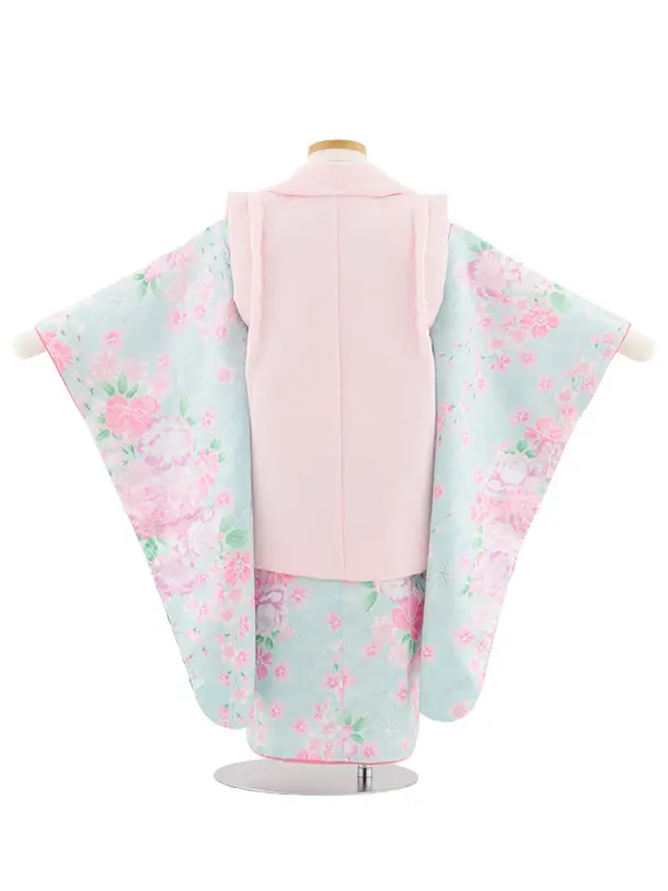 七五三レンタル(3歳女児被布)4920 ピンク刺繍うさぎ×水色 桜地模様