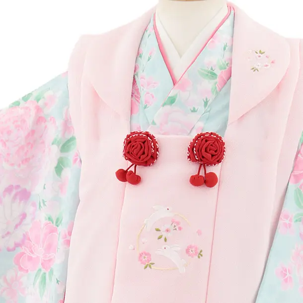 七五三レンタル(3歳女児被布)4920 ピンク刺繍うさぎ×水色 桜地模様