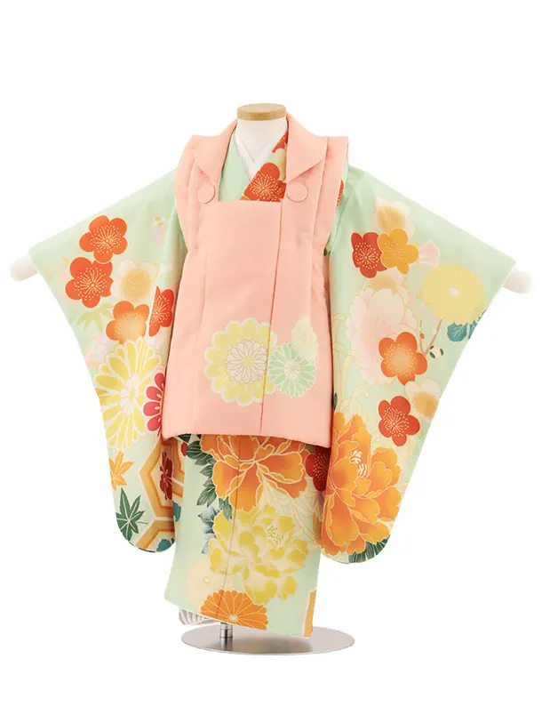 七五三レンタル(3歳女児被布)4922 ピンク菊×グリーン 牡丹に梅