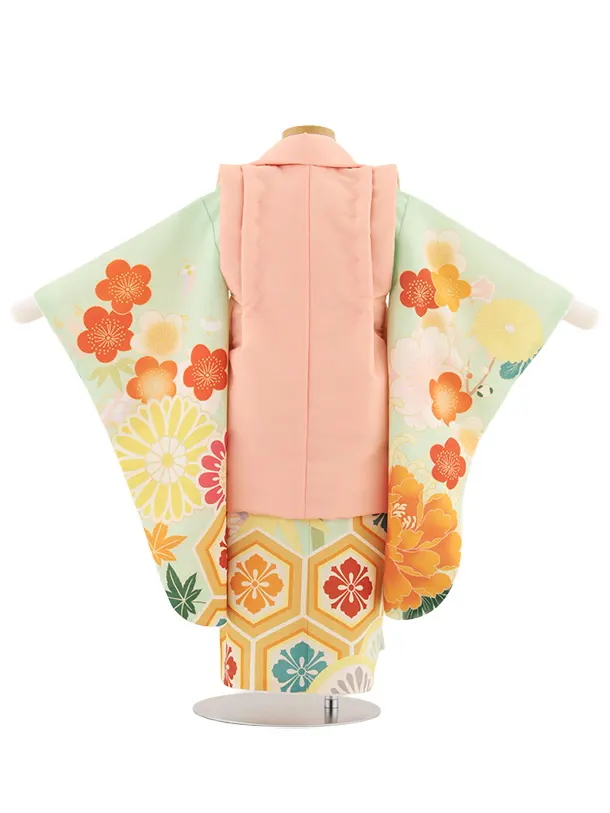 七五三レンタル(3歳女児被布)4922 ピンク菊×グリーン 牡丹に梅