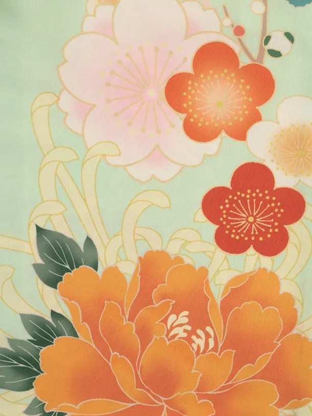 七五三レンタル(3歳女児被布)4922 ピンク菊×グリーン 牡丹に梅