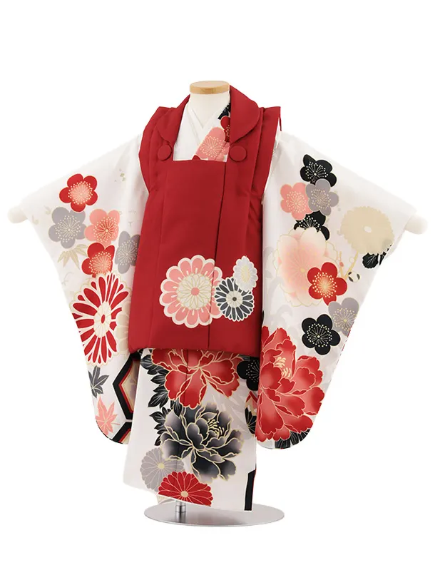 七五三レンタル(3歳女児被布)4924 赤菊×白地 牡丹に梅