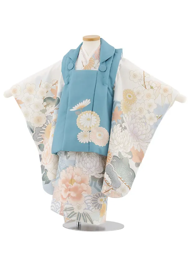 七五三レンタル(3歳女児被布)4925 ターコイズブルー菊×白地牡丹に松竹梅
