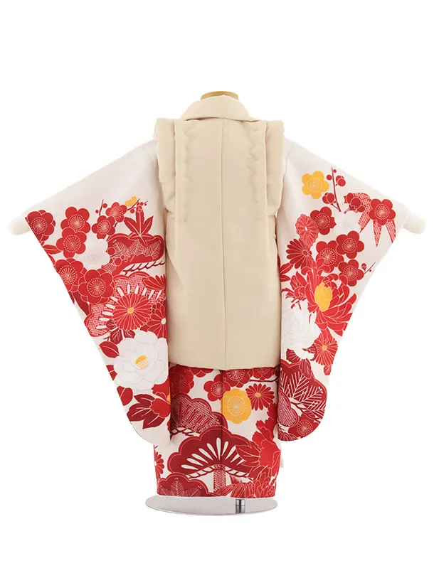 七五三レンタル(3歳女児被布)4926 ベージュ菊×白地牡丹に松竹梅