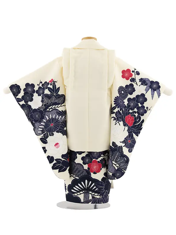 七五三レンタル(3歳女児被布)4927 アイボリー菊×白地牡丹に松竹梅
