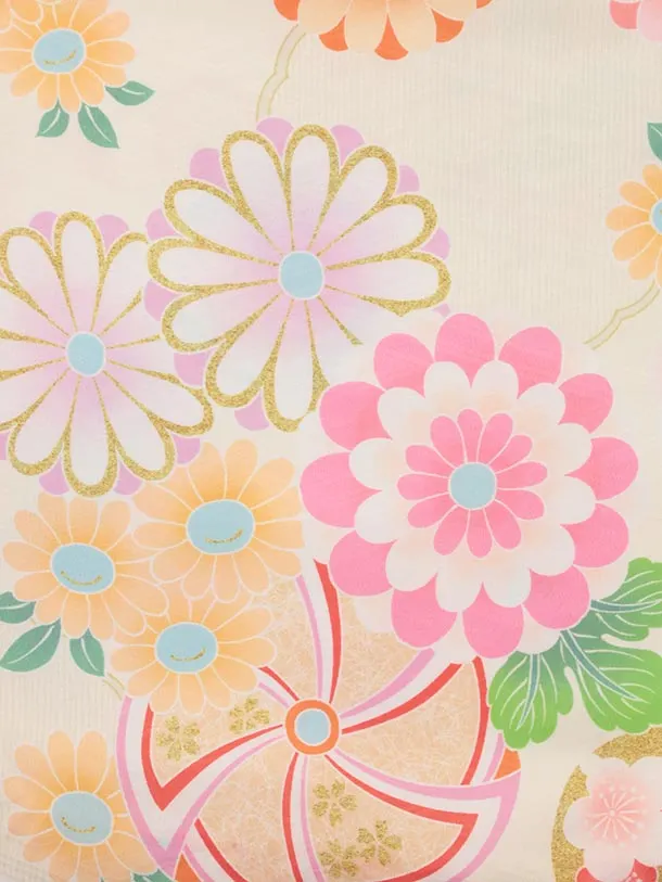 七五三(3歳女児被布)4933 式部浪漫 ピンク刺繍桜×アイボリー 雪輪に鈴