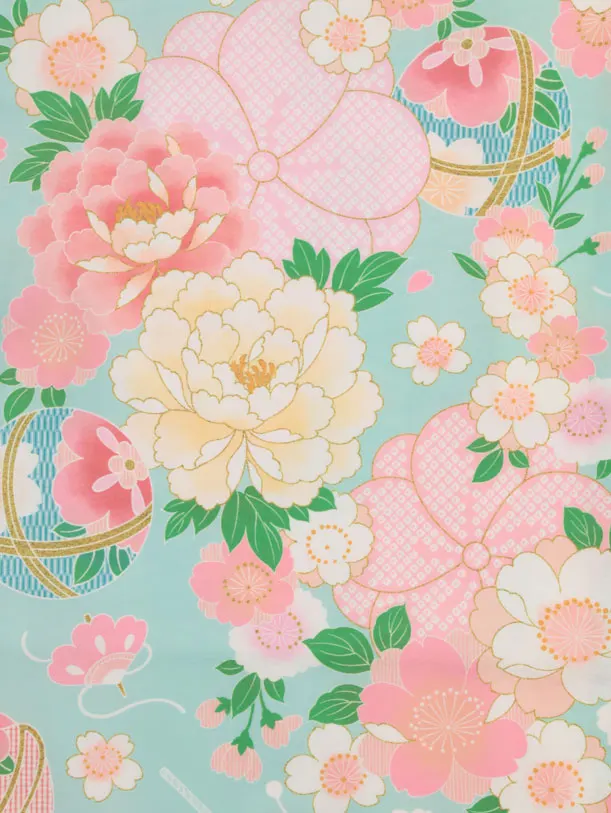 七五三(3歳女児被布)4938 式部浪漫 アイボリー刺繍花×ヒワブルー桜に鞠