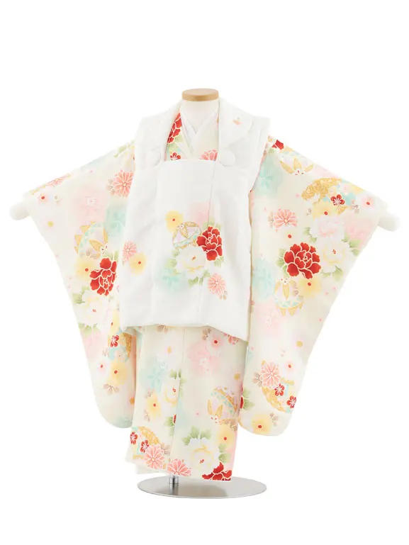 七五三レンタル(3歳女児被布)4942 オフホワイト×アイボリー 鞠と古典花