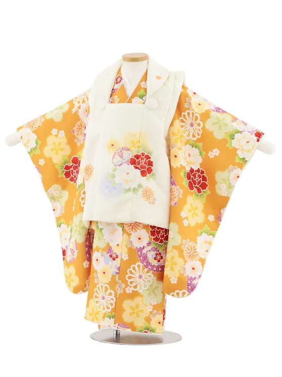 七五三レンタル(3歳女児被布)4943 アイボリー×山吹色 鞠と古典花