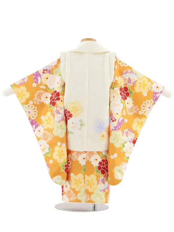 七五三レンタル(3歳女児被布)4943 アイボリー×山吹色 鞠と古典花