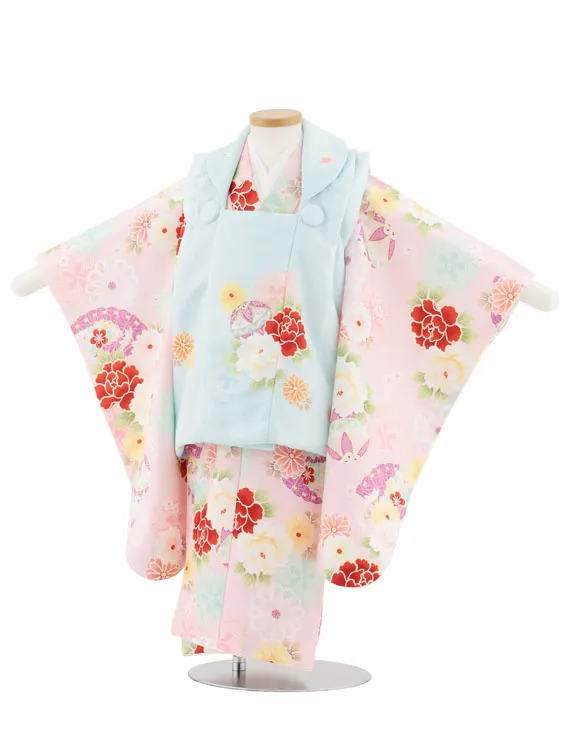 七五三レンタル(3歳女児被布)4944 水色×薄ピンク 鞠と古典花