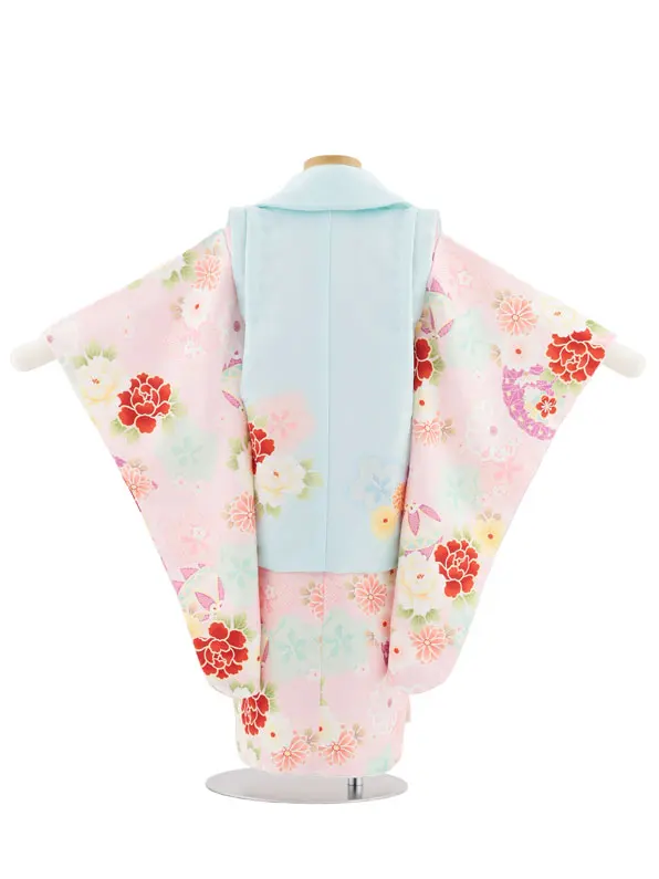 七五三レンタル(3歳女児被布)4945 水色×薄ピンク 鞠と古典花