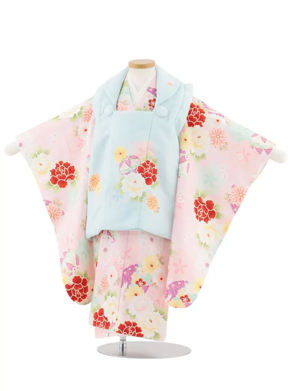七五三レンタル(3歳女児被布)4946 水色×薄ピンク 鞠と古典花