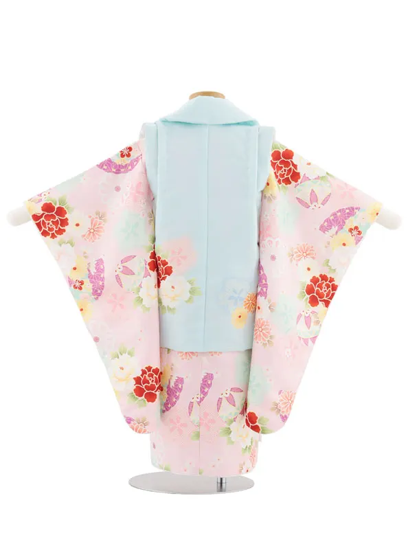 七五三レンタル(3歳女児被布)4946 水色×薄ピンク 鞠と古典花