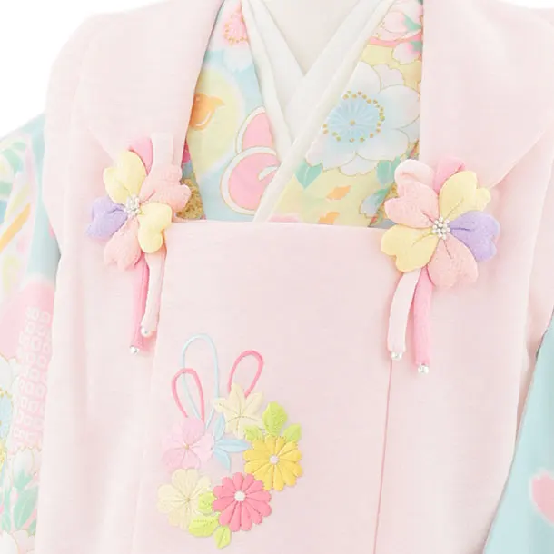 七五三レンタル(3歳女児被布)4950 ピンク花刺繍×パステルブルー 鞠と花