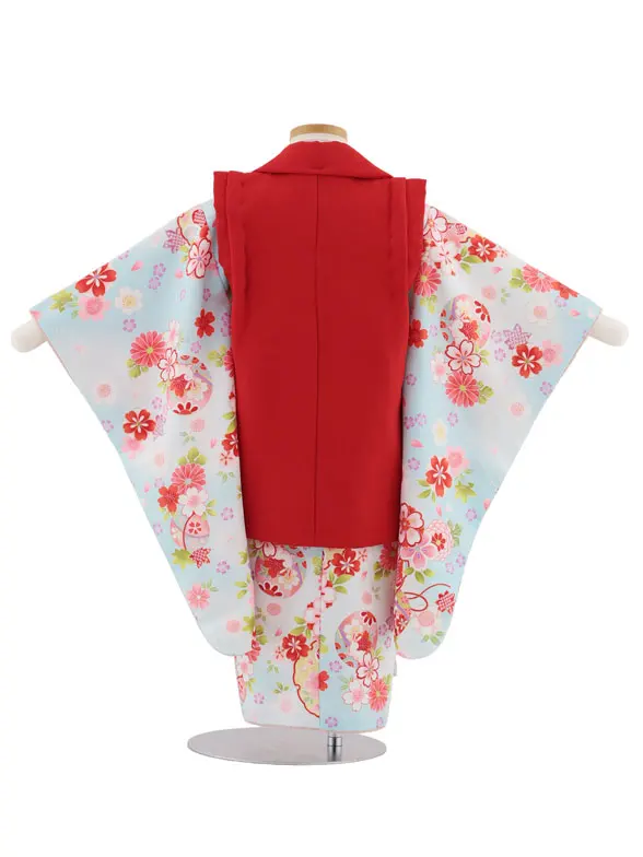 七五三レンタル(3歳女児被布)4966 赤刺繍鞠×水色雪輪に桜