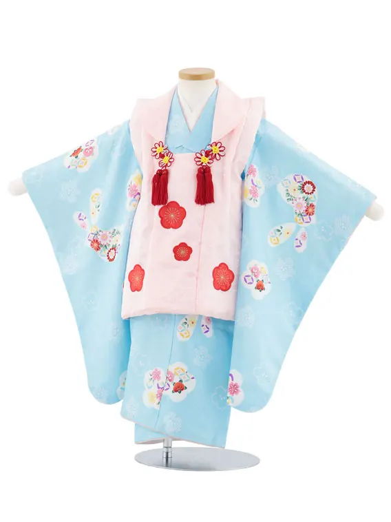 七五三レンタル(3歳女児被布)4968 ピンク梅×水色梅花