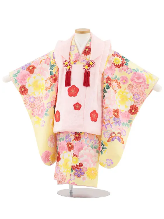 七五三レンタル(3歳女児被布)4969 ピンク梅×黄色 花と蝶