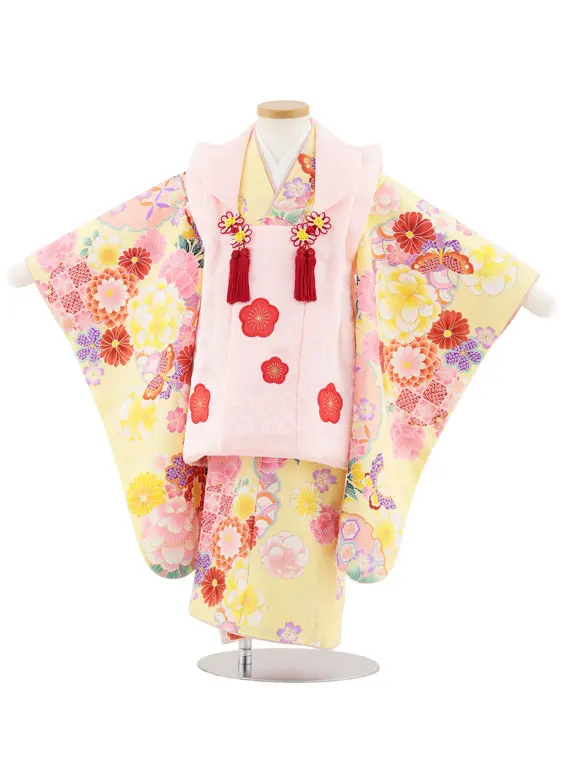 七五三レンタル(3歳女児被布)4971 ピンク梅×黄色 花と蝶