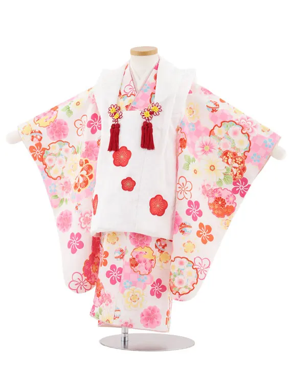 七五三レンタル(3歳女児被布)4974 白地梅×雪輪にねじり梅