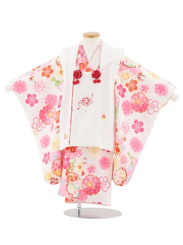 七五三レンタル(3歳女児被布)4976 白刺繍鞠×雪輪にねじり梅