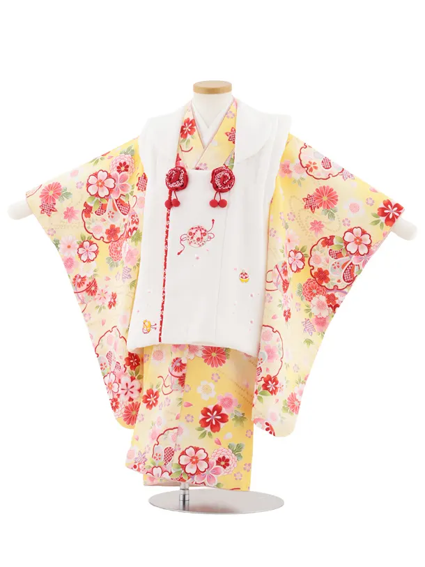 七五三レンタル(3歳女児被布)4986 白刺繍鞠×薄黄ぼかし 雪輪鞠