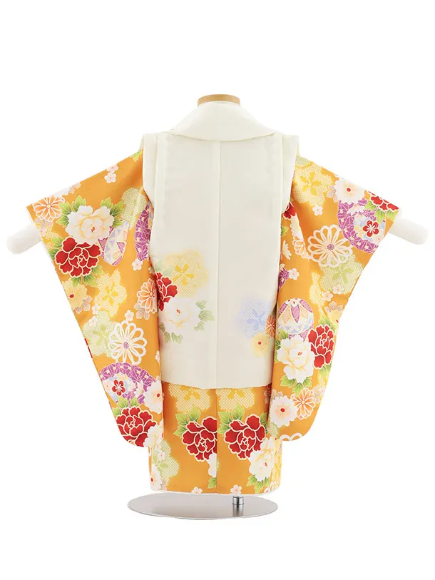 七五三レンタル(2歳女被布)4991 クリーム×山吹色 鞠と古典花