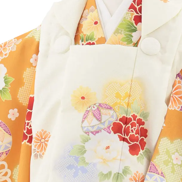 七五三レンタル(2歳女被布)4991 クリーム×山吹色 鞠と古典花
