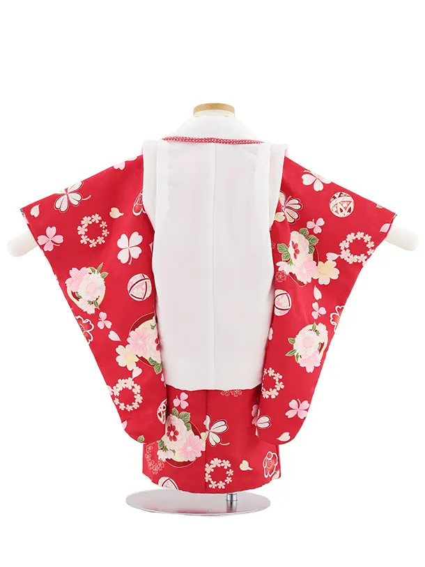 七五三レンタル(2歳女被布)4994 白刺繍花×紅色 鞠花