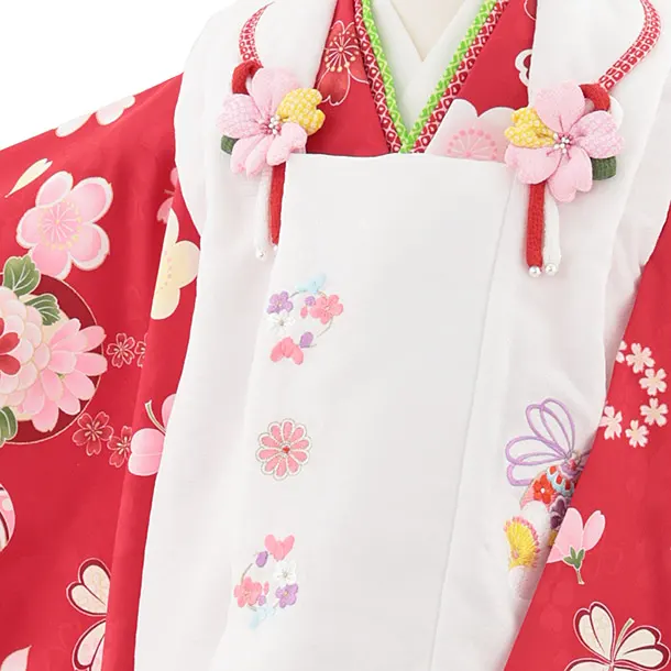 七五三レンタル(2歳女被布)4994 白刺繍花×紅色 鞠花